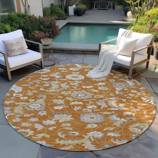 8' Copper Green And Gray Round Floral Washable Indoor Outdoor Area Rug Photo 7