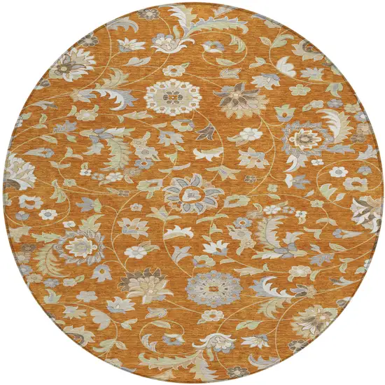 8' Copper Green And Gray Round Floral Washable Indoor Outdoor Area Rug Photo 2