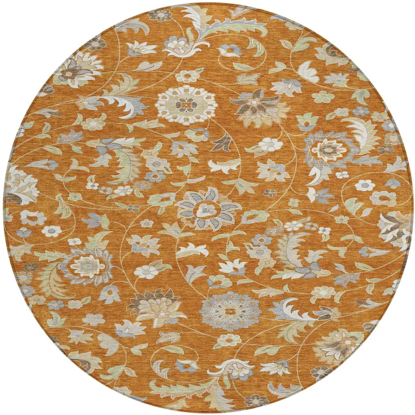 8' Copper Green And Gray Round Floral Washable Indoor Outdoor Area Rug Photo 2