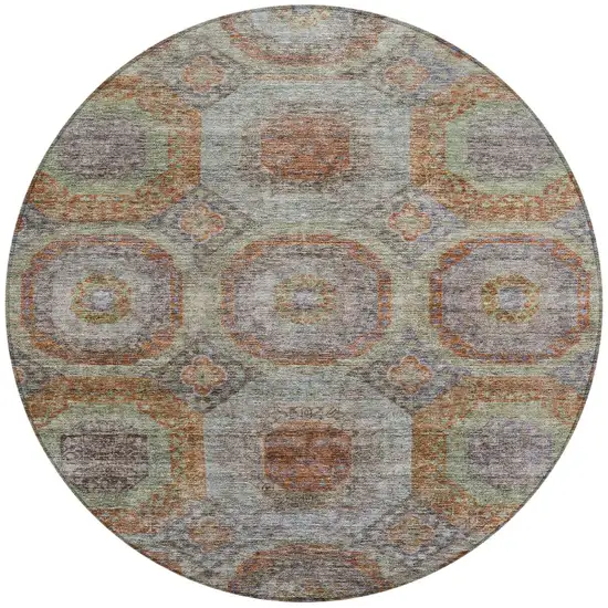 8' Copper Green And Gray Round Geometric Washable Indoor Outdoor Area Rug Photo 6