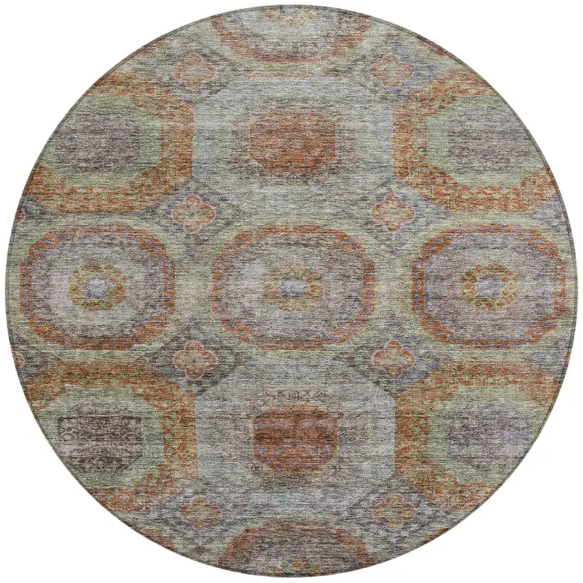 8' Copper Green And Gray Round Geometric Washable Indoor Outdoor Area Rug Photo 6