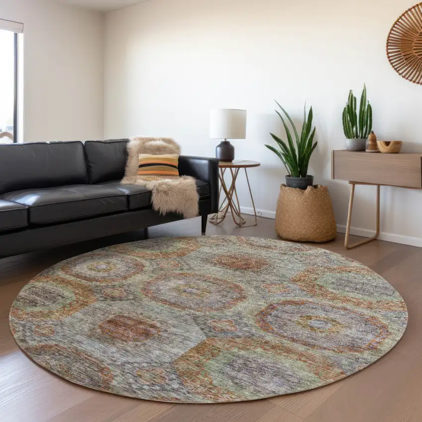 8' Copper Green And Gray Round Geometric Washable Indoor Outdoor Area Rug Photo 8