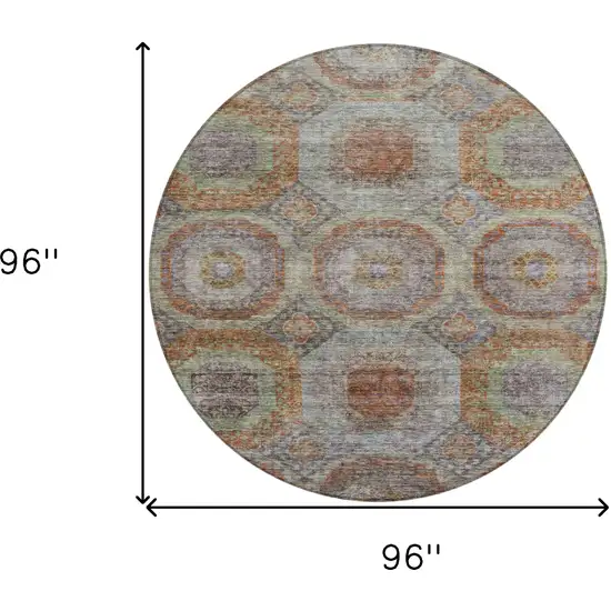 8' Copper Green And Gray Round Geometric Washable Indoor Outdoor Area Rug Photo 3