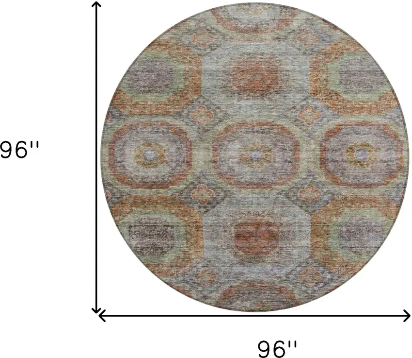 8' Copper Green And Gray Round Geometric Washable Indoor Outdoor Area Rug Photo 3