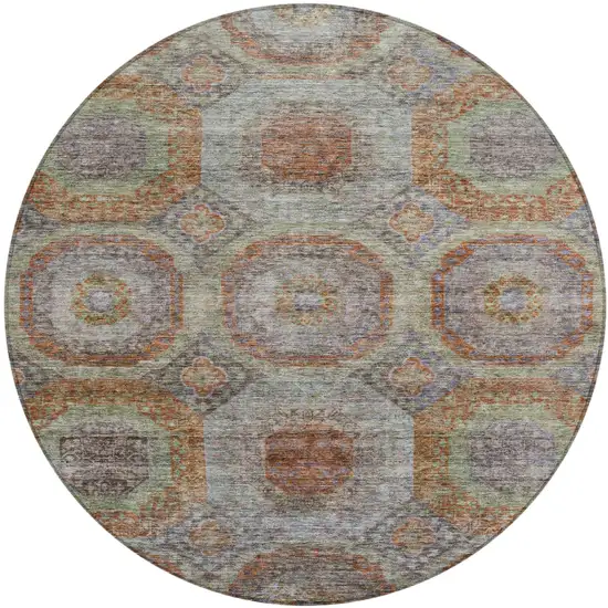 8' Copper Green And Gray Round Geometric Washable Indoor Outdoor Area Rug Photo 2