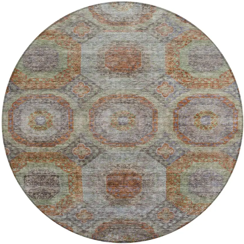 8' Copper Green And Gray Round Geometric Washable Indoor Outdoor Area Rug Photo 2