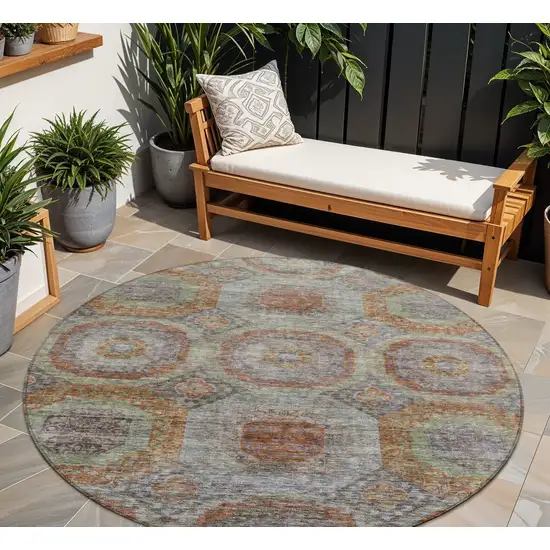 8' Copper Green And Gray Round Geometric Washable Indoor Outdoor Area Rug Photo 1