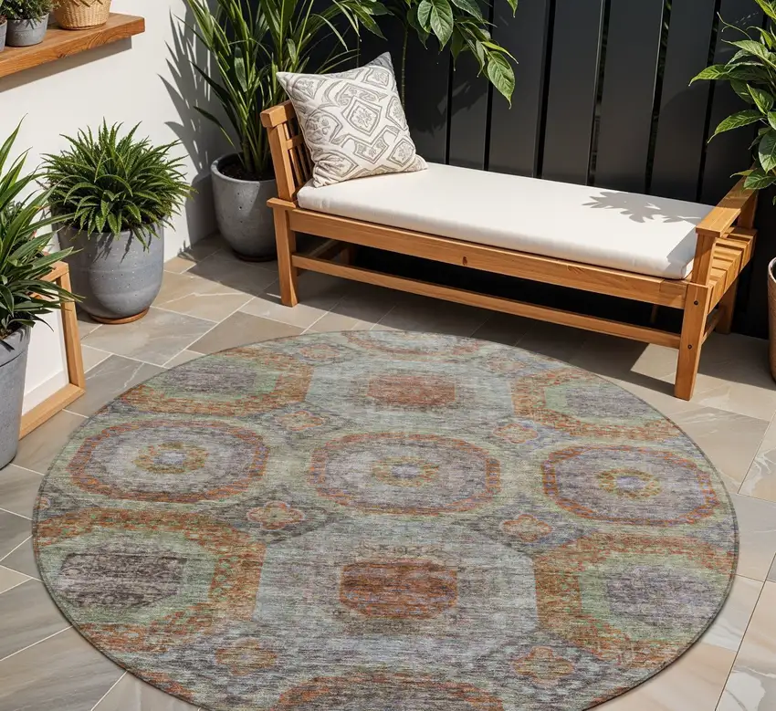 8' Copper Green And Gray Round Geometric Washable Indoor Outdoor Area Rug Photo 1