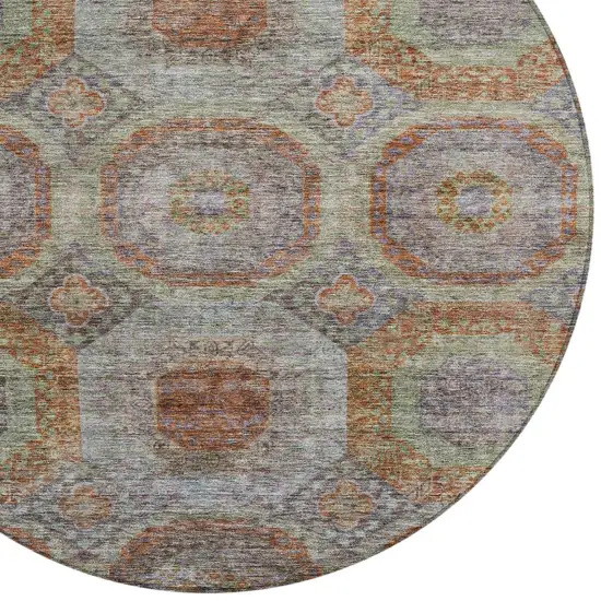 8' Copper Green And Gray Round Geometric Washable Indoor Outdoor Area Rug Photo 5