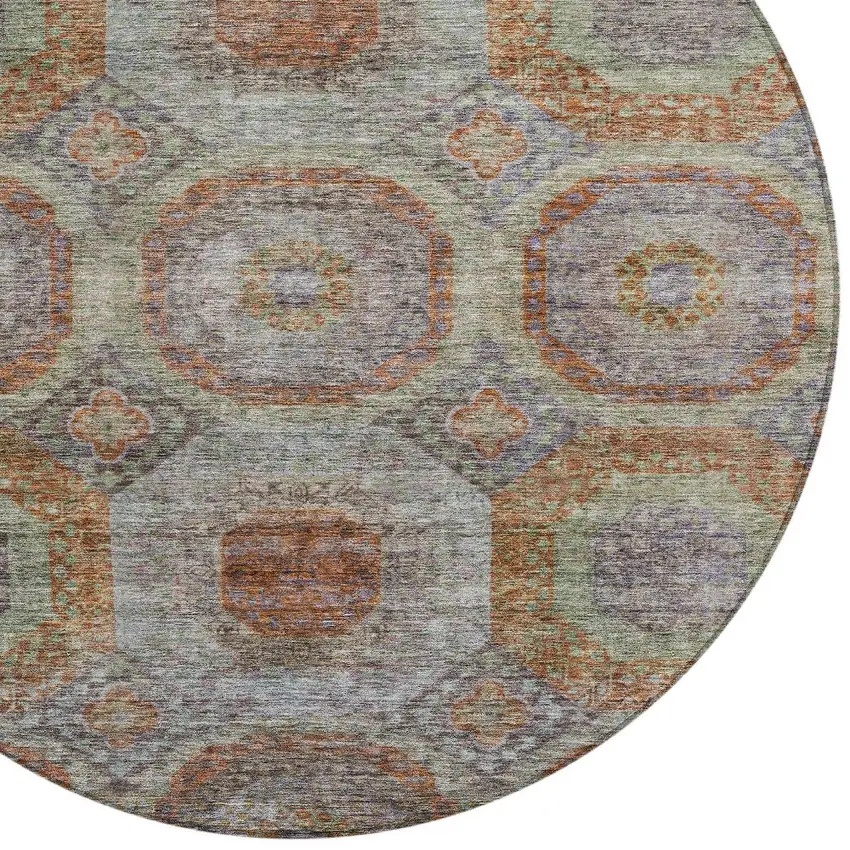8' Copper Green And Gray Round Geometric Washable Indoor Outdoor Area Rug Photo 5