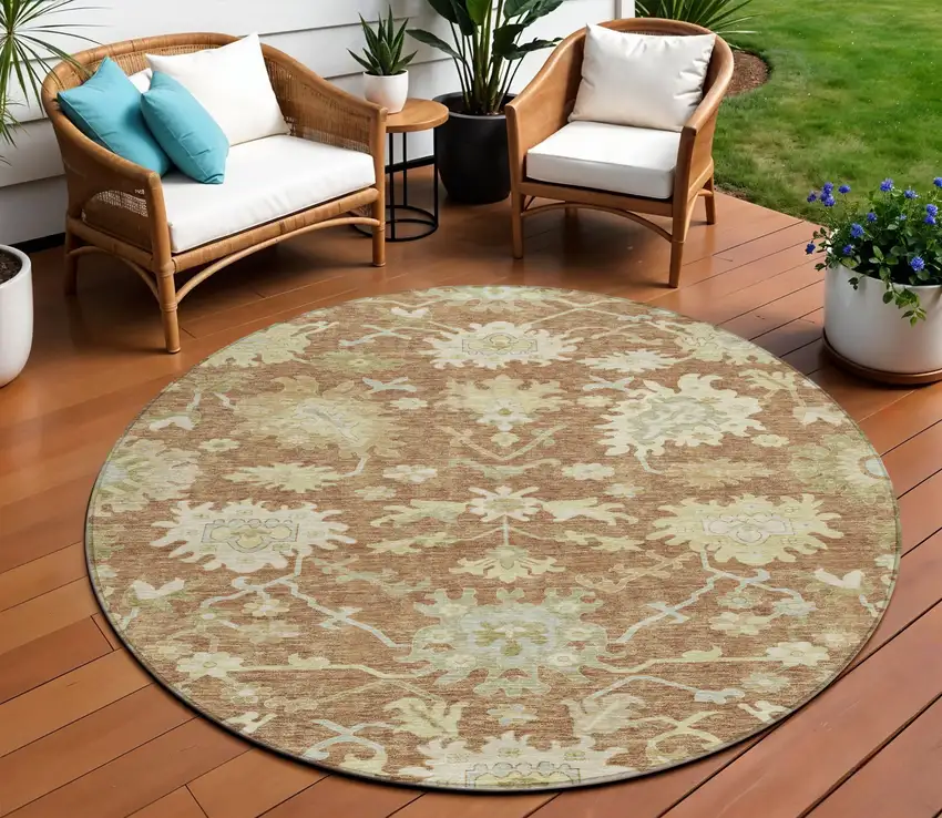 8' Copper Green And Ivory Round Floral Washable Indoor Outdoor Area Rug Photo 1