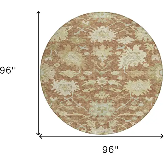 8' Copper Green And Ivory Round Floral Washable Indoor Outdoor Area Rug Photo 9