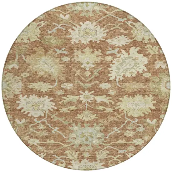 8' Copper Green And Ivory Round Floral Washable Indoor Outdoor Area Rug Photo 6