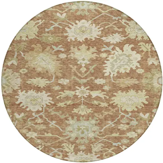 8' Copper Green And Ivory Round Floral Washable Indoor Outdoor Area Rug Photo 2