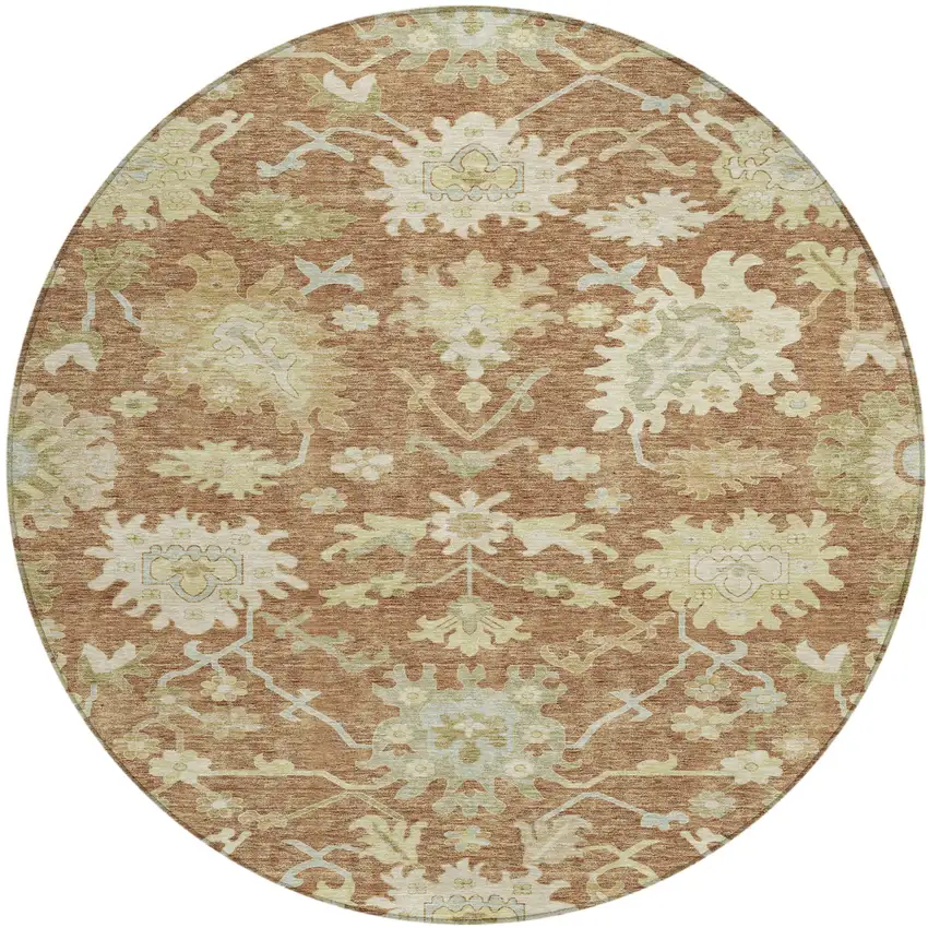 8' Copper Green And Ivory Round Floral Washable Indoor Outdoor Area Rug Photo 2
