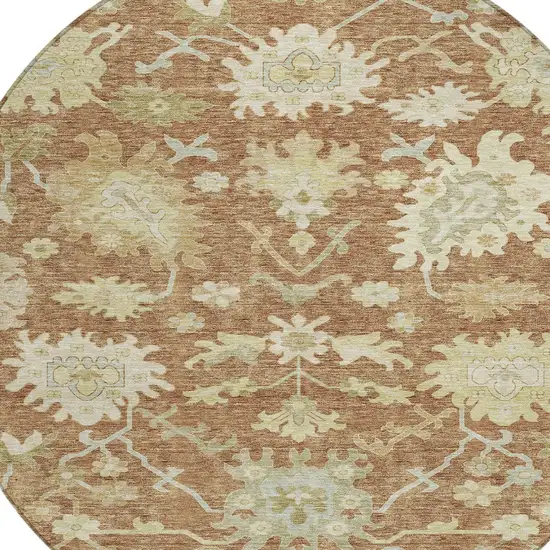 8' Copper Green And Ivory Round Floral Washable Indoor Outdoor Area Rug Photo 5