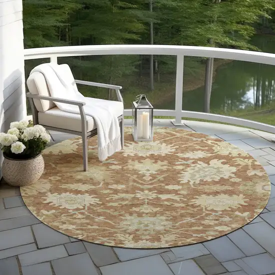 8' Copper Green And Ivory Round Floral Washable Indoor Outdoor Area Rug Photo 7