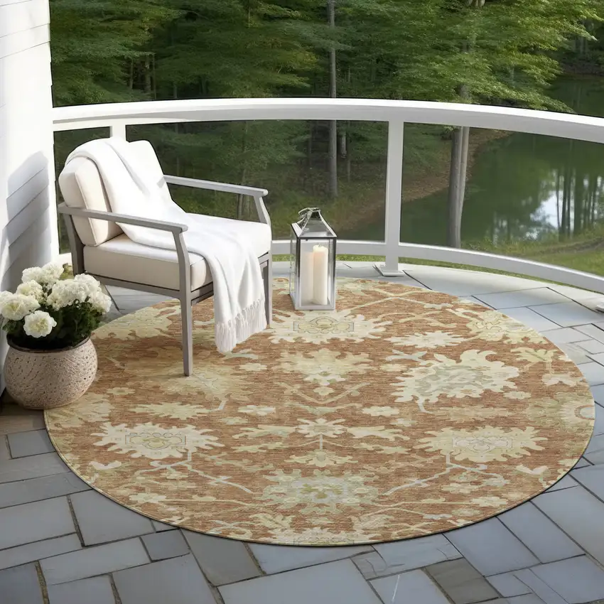 8' Copper Green And Ivory Round Floral Washable Indoor Outdoor Area Rug Photo 7