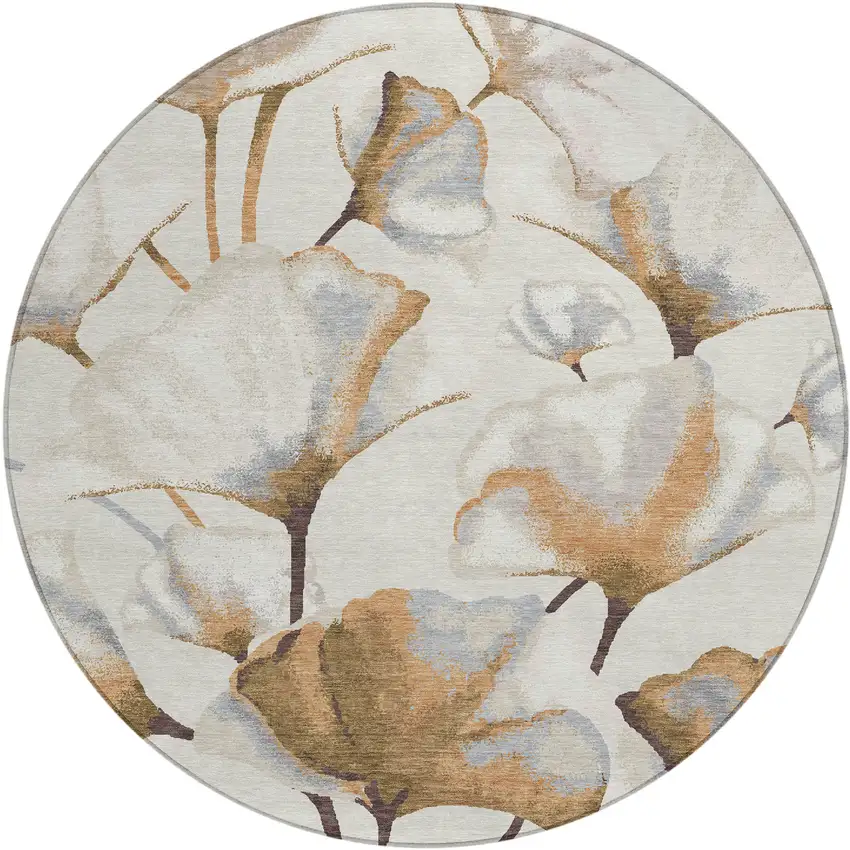 8' Copper Ivory And Beige Round Botanical Leaves Washable Indoor Outdoor Area Rug Photo 1