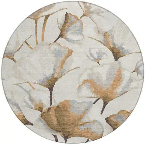 8' Copper Ivory And Beige Round Botanical Leaves Washable Indoor Outdoor Area Rug Photo 2