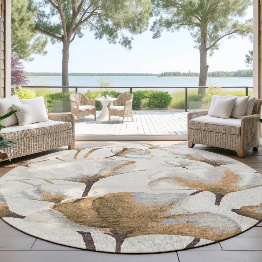 8' Copper Ivory And Beige Round Botanical Leaves Washable Indoor Outdoor Area Rug Photo 4