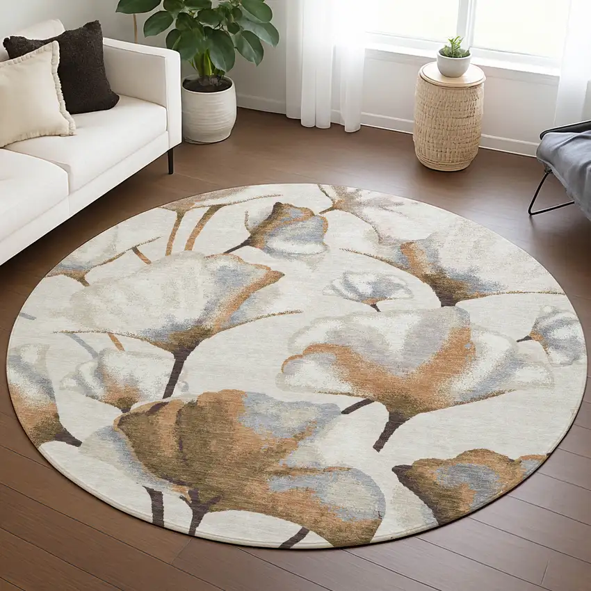 8' Copper Ivory And Beige Round Botanical Leaves Washable Indoor Outdoor Area Rug Photo 5