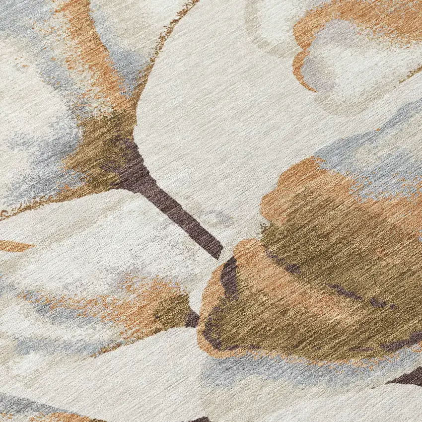 8' Copper Ivory And Beige Round Botanical Leaves Washable Indoor Outdoor Area Rug Photo 9