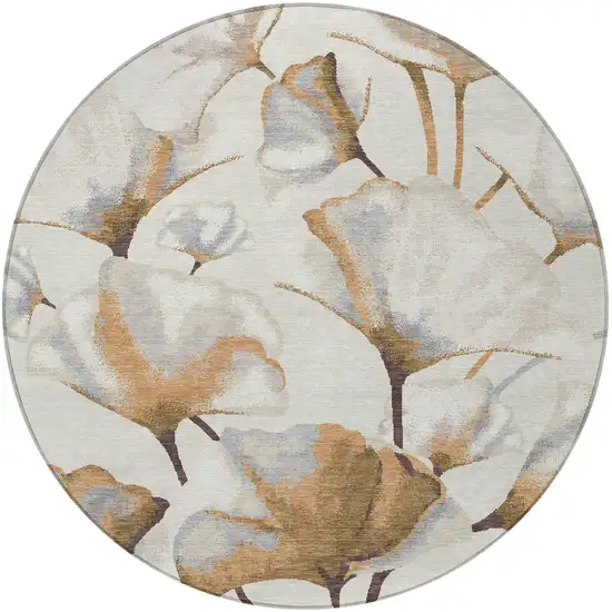 8' Copper Ivory And Beige Round Botanical Leaves Washable Indoor Outdoor Area Rug Photo 3