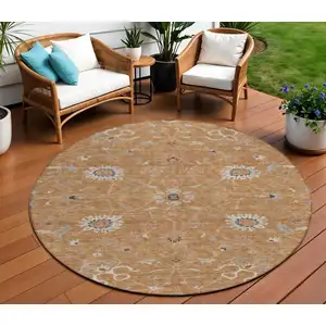 Photo of 8' Copper Ivory And Black Round Floral Washable Indoor Outdoor Area Rug