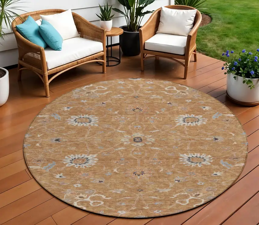 8' Copper Ivory And Black Round Floral Washable Indoor Outdoor Area Rug Photo 1