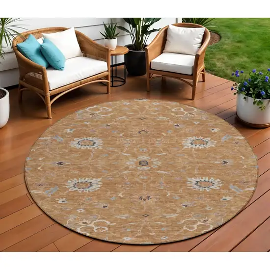 8' Copper Ivory And Black Round Floral Washable Indoor Outdoor Area Rug Photo 1
