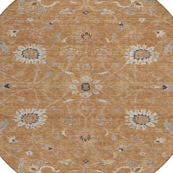8' Copper Ivory And Black Round Floral Washable Indoor Outdoor Area Rug Photo 6