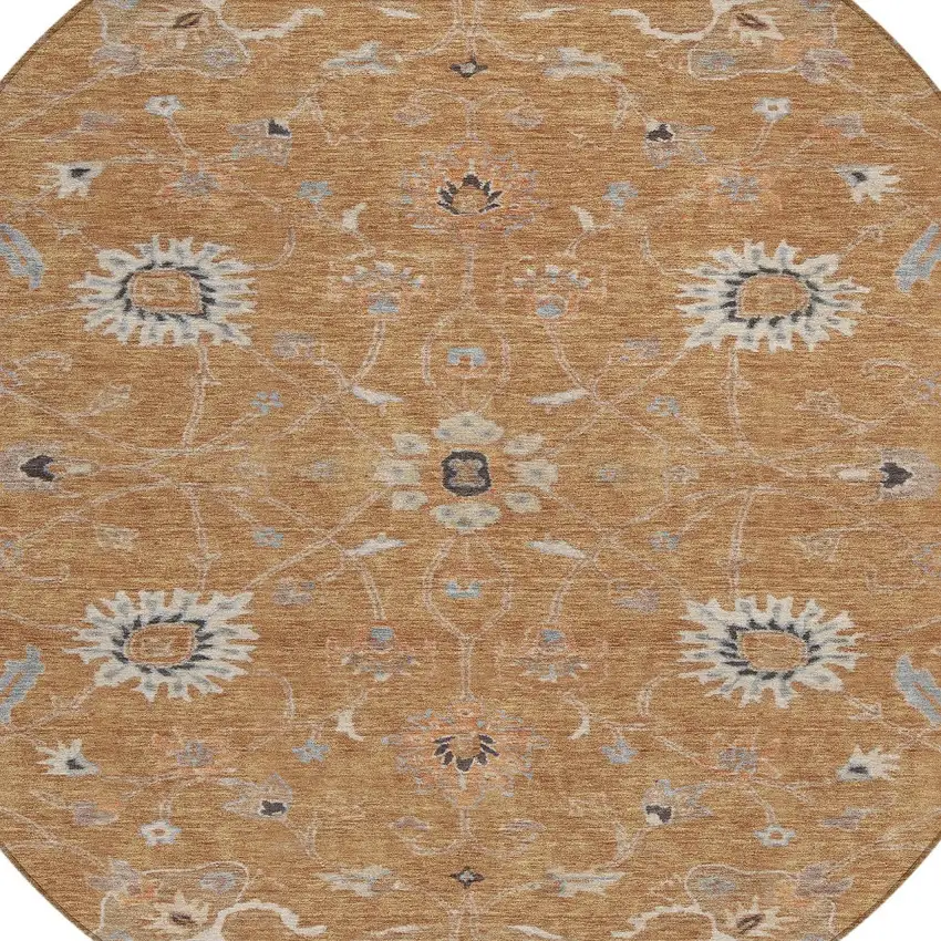 8' Copper Ivory And Black Round Floral Washable Indoor Outdoor Area Rug Photo 6