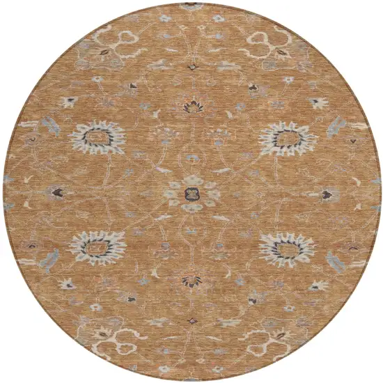 8' Copper Ivory And Black Round Floral Washable Indoor Outdoor Area Rug Photo 2