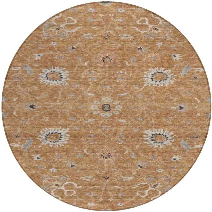 8' Copper Ivory And Black Round Floral Washable Indoor Outdoor Area Rug Photo 2