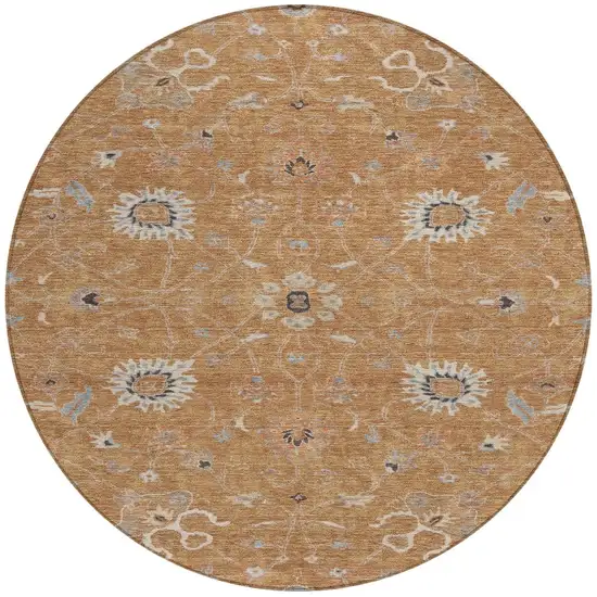 8' Copper Ivory And Black Round Floral Washable Indoor Outdoor Area Rug Photo 7