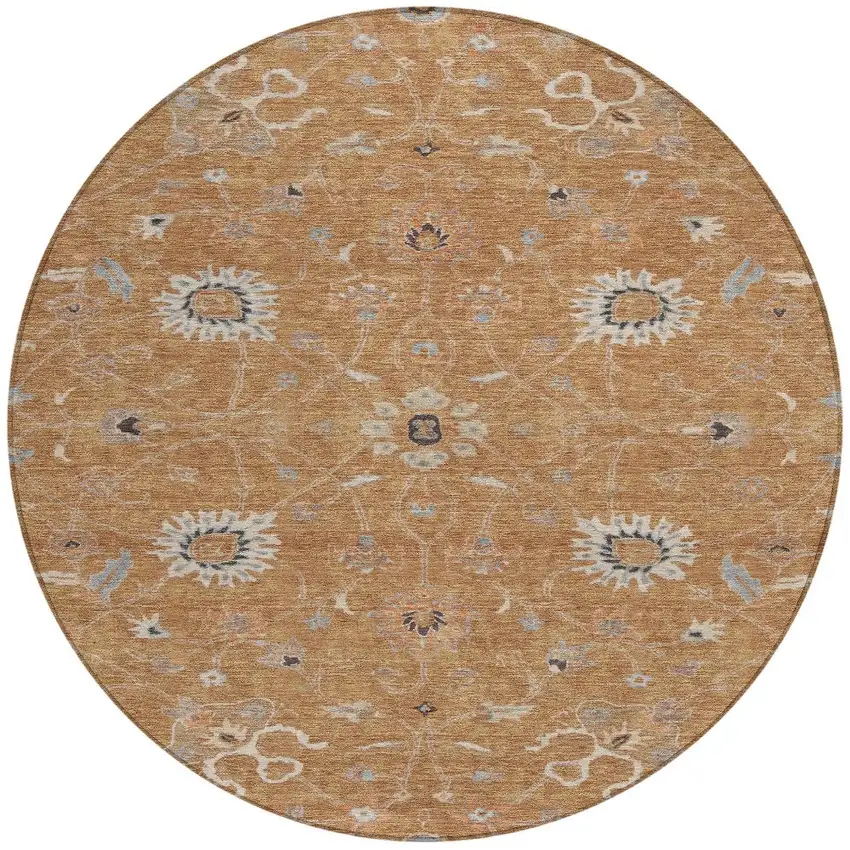 8' Copper Ivory And Black Round Floral Washable Indoor Outdoor Area Rug Photo 7