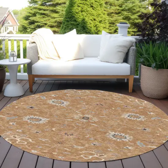 8' Copper Ivory And Black Round Floral Washable Indoor Outdoor Area Rug Photo 8