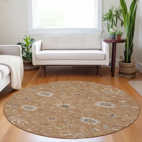 8' Copper Ivory And Black Round Floral Washable Indoor Outdoor Area Rug Photo 9