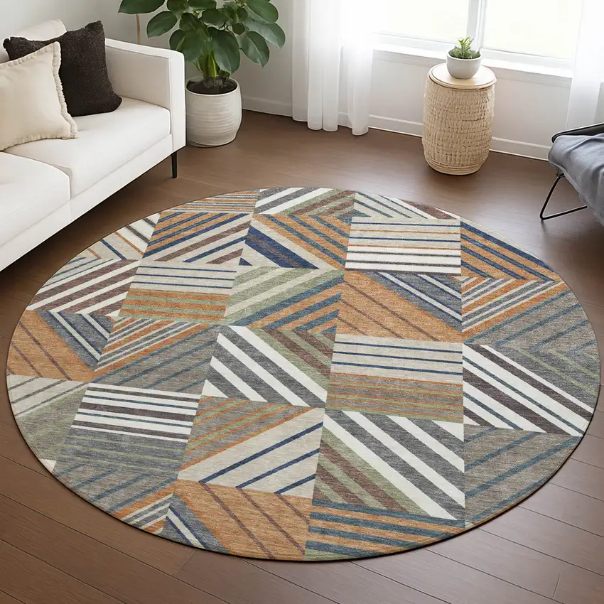 8' Copper Ivory And Blue Round Patchwork Washable Indoor Outdoor Area Rug Photo 5