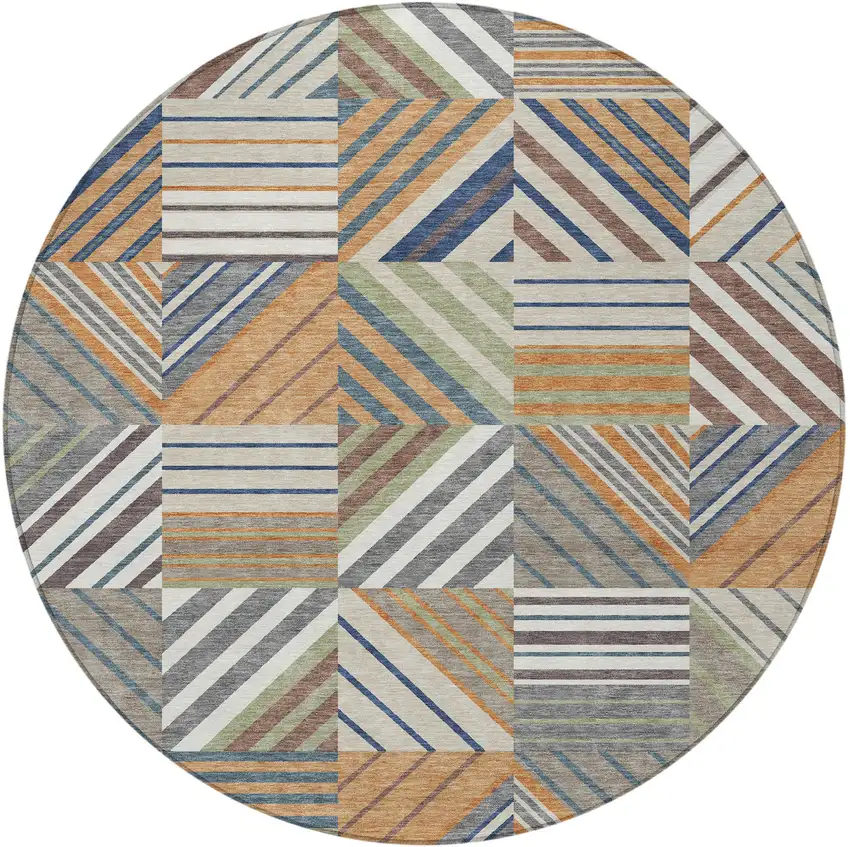 8' Copper Ivory And Blue Round Patchwork Washable Indoor Outdoor Area Rug Photo 3