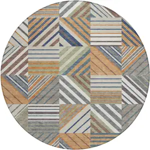 Photo of 8' Copper Ivory And Blue Round Patchwork Washable Indoor Outdoor Area Rug