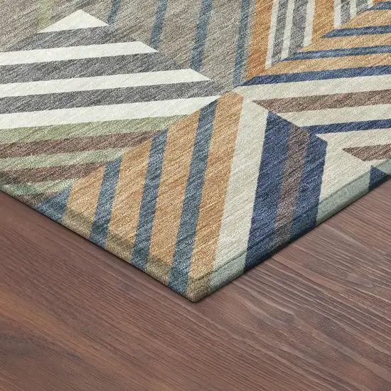 8' Copper Ivory And Blue Round Patchwork Washable Indoor Outdoor Area Rug Photo 8