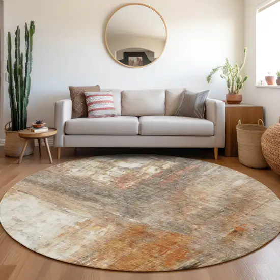 8' Copper Ivory And Brown Round Abstract Washable Indoor Outdoor Area Rug Photo 8