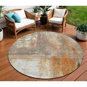 Photo of 8' Copper Ivory And Brown Round Abstract Washable Indoor Outdoor Area Rug