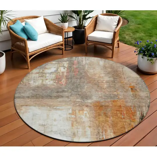 8' Copper Ivory And Brown Round Abstract Washable Indoor Outdoor Area Rug Photo 1
