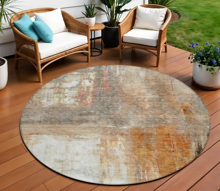 8' Copper Ivory And Brown Round Abstract Washable Indoor Outdoor Area Rug Photo 1