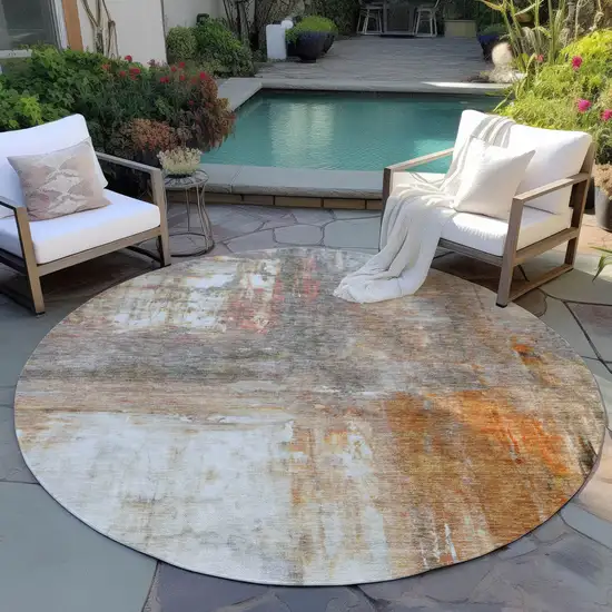 8' Copper Ivory And Brown Round Abstract Washable Indoor Outdoor Area Rug Photo 7