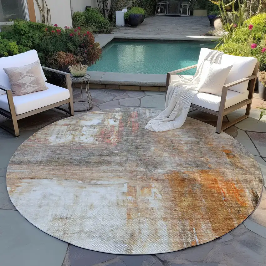 8' Copper Ivory And Brown Round Abstract Washable Indoor Outdoor Area Rug Photo 7