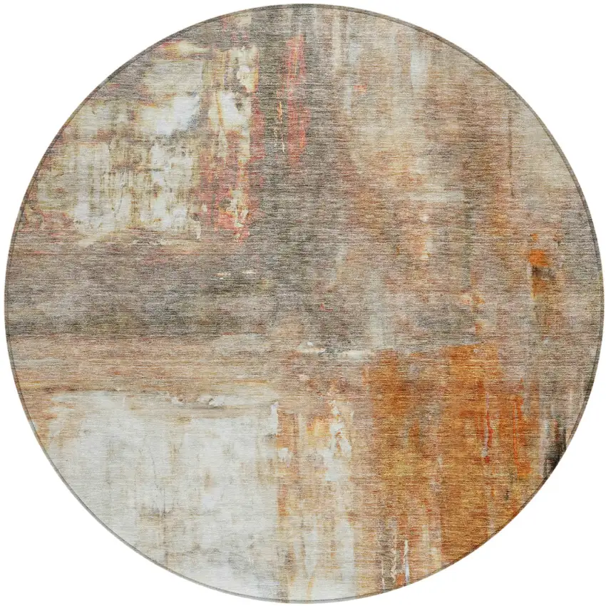 8' Copper Ivory And Brown Round Abstract Washable Indoor Outdoor Area Rug Photo 2